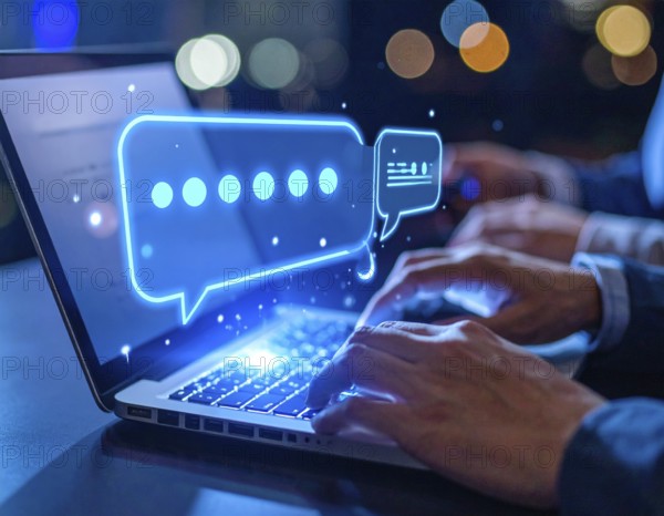 Futuristic AI chatbot hologram symbolizing digital communication, smart assistance, and innovative technology, AI generated