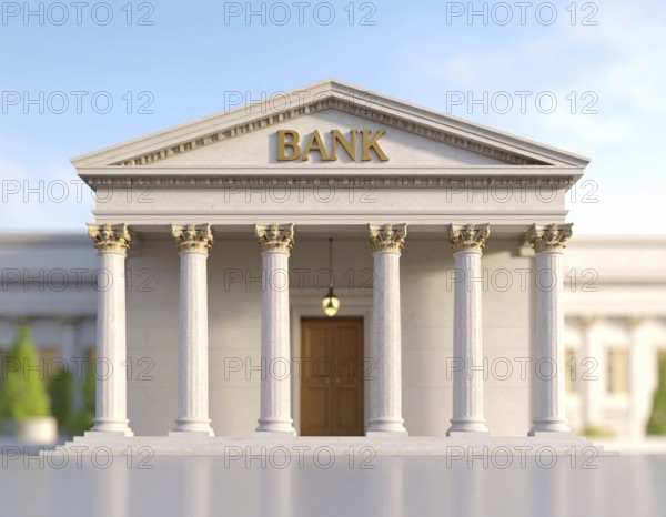 Bank building facade with classical columns, symbolizing finance, economic stability, investment power, and institutional financial heritage, AI generated