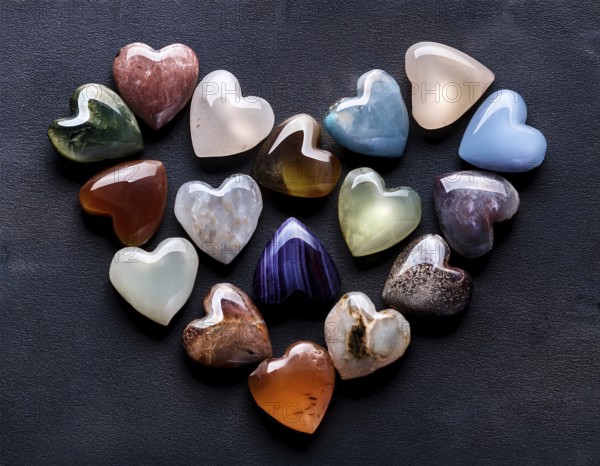 An artistic arrangement showcasing a variety of heart-shaped gemstones with vivid colors placed on a textured surface, capturing an elegant and romantic atmosphere, AI generated