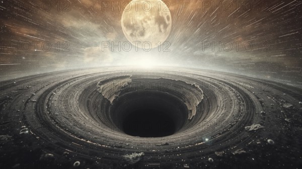 Black hole against starfield, artwork. Multiverse travel, time, black hole, universe, dimension, AI generated