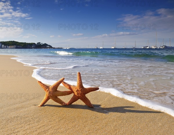 Starfish on a sandy beach create a serene and relaxing atmosphere, symbolizing nature and coastal life. Ideal for themes of summer, travel, and ocean adventure, AI generated