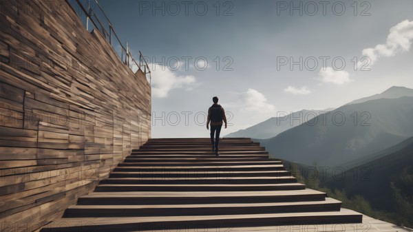 Man climbing up stairs towards an open door in the sky with clouds. Ladder of Success. AI generated image, ai