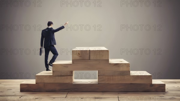 Man climbing up stairs. Ladder of Success. AI generated image, ai