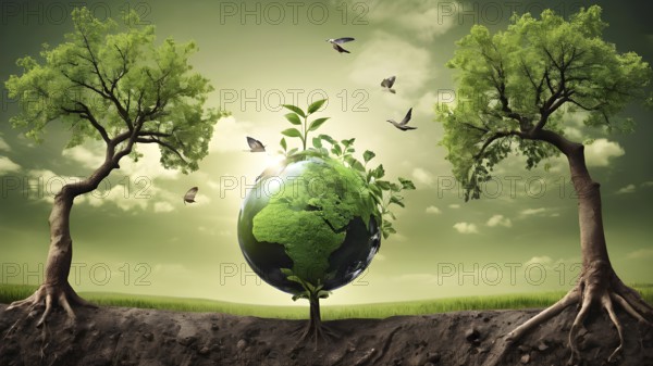 Saving environment planting trees, ecology concept. World Earth Day. AI generated image, ai