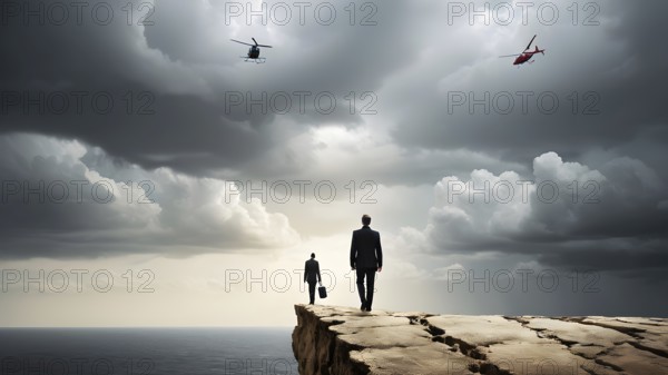 Concept of business, risk taking, safety, challenge, concentration. Surreal adventure, epic scene decision to reach a goal, AI generated