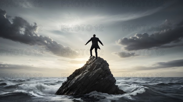 Concept of business, risk taking, safety, challenge, concentration. Surreal adventure, epic scene decision to reach a goal, AI generated