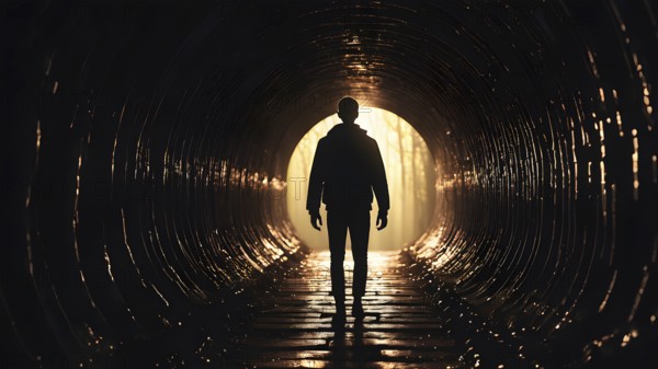 Silhouette of a man on the edge of the wood tunnel looking down. Silhouette in a subway tunnel. Light at End of Tunnel. AI generated image, stone, success, tunnel, underground, vision, walk, wall, way, white. AI generated image