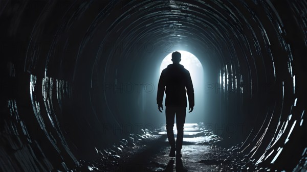 Silhouette of a man on the edge of the wood tunnel looking down. Silhouette in a subway tunnel. Light at End of Tunnel. AI generated image, stone, success, tunnel, underground, vision, walk, wall, way, white. AI generated image