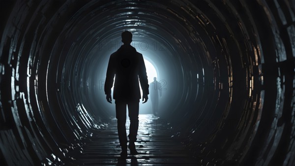 Silhouette of a man on the edge of the wood tunnel looking down. Silhouette in a subway tunnel. Light at End of Tunnel. AI generated image, stone, success, tunnel, underground, vision, walk, wall, way, white. AI generated image