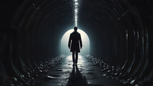 Silhouette of a man on the edge of the wood tunnel looking down. Silhouette in a subway tunnel. Light at End of Tunnel. AI generated image, stone, success, tunnel, underground, vision, walk, wall, way, white. AI generated image