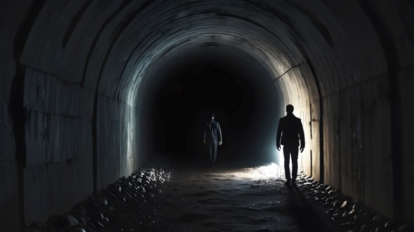 Silhouette of a man on the edge of the wood tunnel looking down. Silhouette in a subway tunnel. Light at End of Tunnel. AI generated image, stone, success, tunnel, underground, vision, walk, wall, way, white. AI generated image