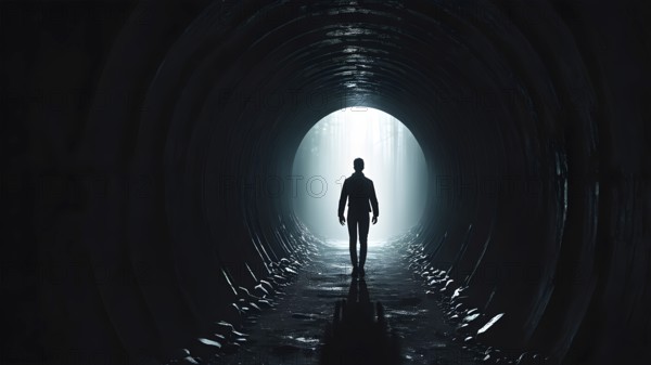 Silhouette of a man on the edge of the wood tunnel looking down. Silhouette in a subway tunnel. Light at End of Tunnel. AI generated image, stone, success, tunnel, underground, vision, walk, wall, way, white. AI generated image