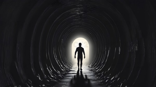 Silhouette of a man on the edge of the wood tunnel looking down. Silhouette in a subway tunnel. Light at End of Tunnel. AI generated image, stone, success, tunnel, underground, vision, walk, wall, way, white. AI generated image