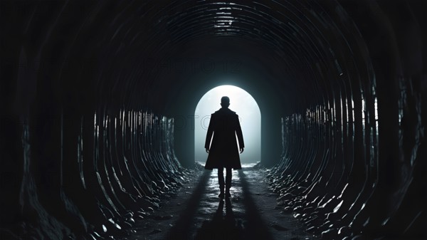 Silhouette of a man on the edge of the wood tunnel looking down. Silhouette in a subway tunnel. Light at End of Tunnel. AI generated image, stone, success, tunnel, underground, vision, walk, wall, way, white. AI generated image