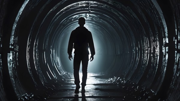 Silhouette of a man on the edge of the wood tunnel looking down. Silhouette in a subway tunnel. Light at End of Tunnel. AI generated image, stone, success, tunnel, underground, vision, walk, wall, way, white. AI generated image