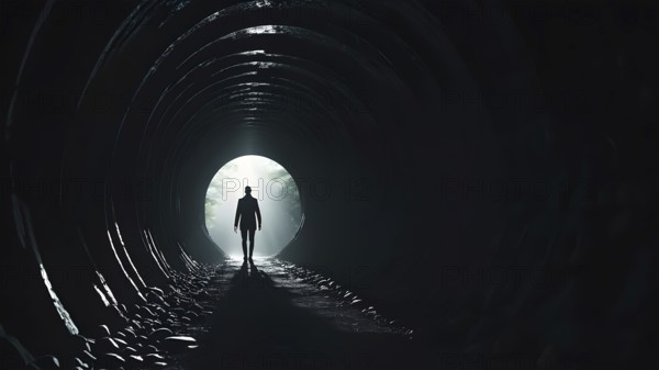 Silhouette of a man on the edge of the wood tunnel looking down. Silhouette in a subway tunnel. Light at End of Tunnel. AI generated image, stone, success, tunnel, underground, vision, walk, wall, way, white. AI generated image