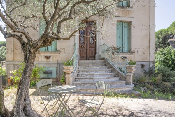 Typical Midi architecture in the south of France: a rustic stone staircase with ornate banisters leads to a dark brown wooden door of an ochre-coloured house, while a small bistro table waits in the shade of an olive tree: Moureze, Herault, Occitania, France