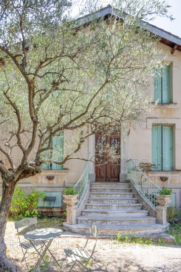 Typical Midi architecture in the south of France: a rustic stone staircase with ornate banisters leads to a dark brown wooden door of an ochre-coloured house, while a small bistro table waits in the shade of an olive tree: Moureze, Herault, Occitania, France