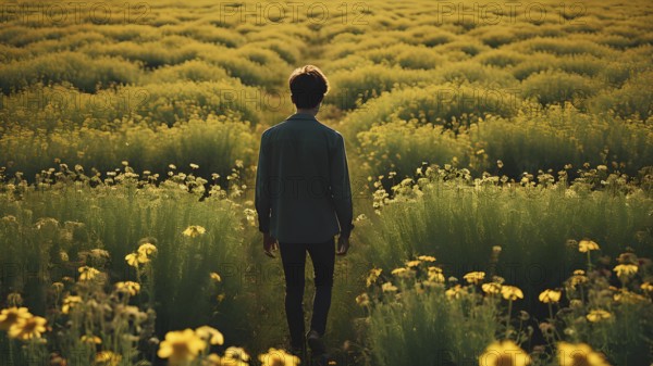 Floral field and Life Concept. Sign of Mental Health, Wellbeing and Healthy Lifestyles. The concept of Positive Mind Concept. Enjoying Life Concept, AI generated
