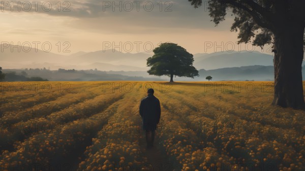 Floral field and Life Concept. Sign of Mental Health, Wellbeing and Healthy Lifestyles. The concept of Positive Mind Concept. Enjoying Life Concept, AI generated