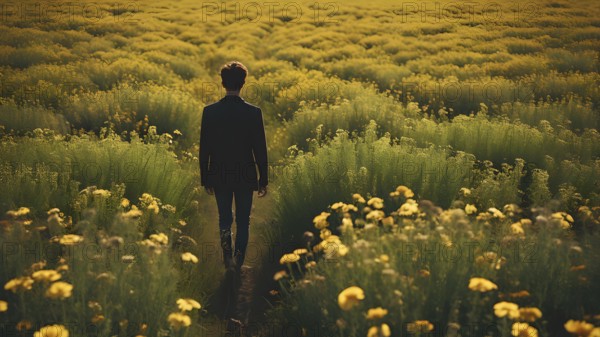 Floral field and Life Concept. Sign of Mental Health, Wellbeing and Healthy Lifestyles. The concept of Positive Mind Concept. Enjoying Life Concept, AI generated