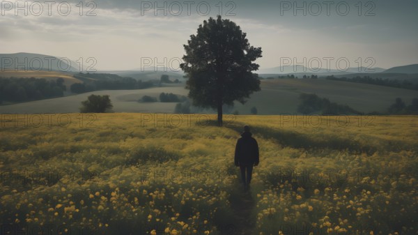 Floral field and Life Concept. Sign of Mental Health, Wellbeing and Healthy Lifestyles. The concept of Positive Mind Concept. Enjoying Life Concept, AI generated