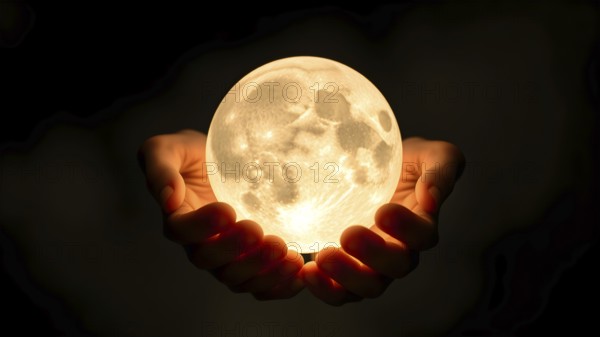 Hand grabbing the moon at night. Round full moon in hands against evening sky. Lunar model, AI generated