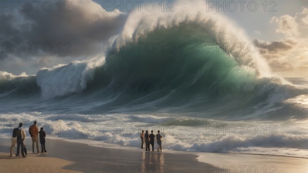 Extreme huge wave. generative ai. person stands firm and fearless in front of a huge tsunami ocean wave, AI generated