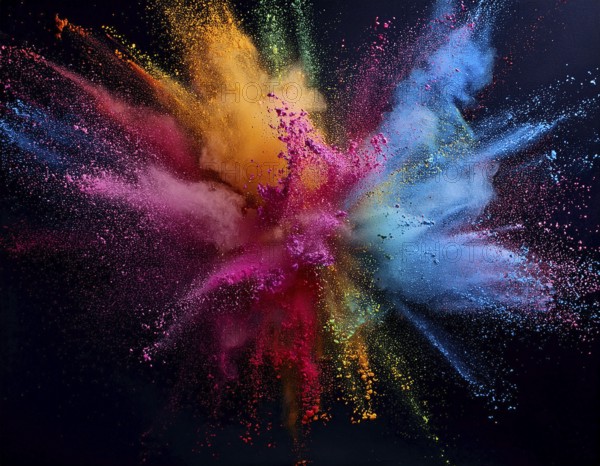 A colorful explosion powder on black background.. Multicolored powder explosion, AI generated