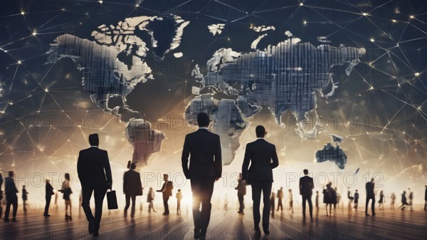 International business partnership. Business people standing silhouette on world map background, Global business concept. Global business concept, generative ai, AI generated