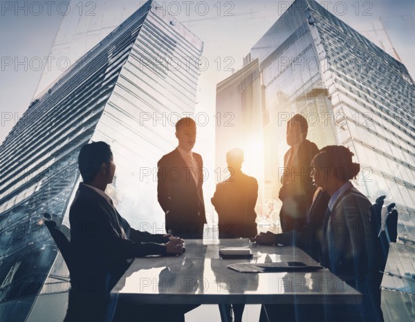 Double exposure image of business people with a modern city. Concept of teamwork, AI generated