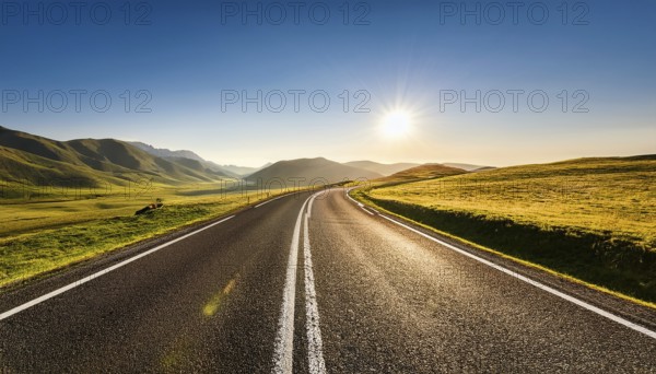 Unexplored road journeys and adventures.Road through the scenic landscape to the destination, AI generated