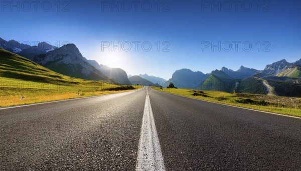Unexplored road journeys and adventures.Road through the scenic landscape to the destination, AI generated