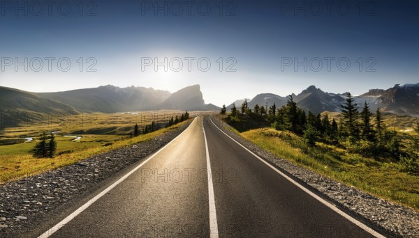 Unexplored road journeys and adventures.Road through the scenic landscape to the destination, AI generated