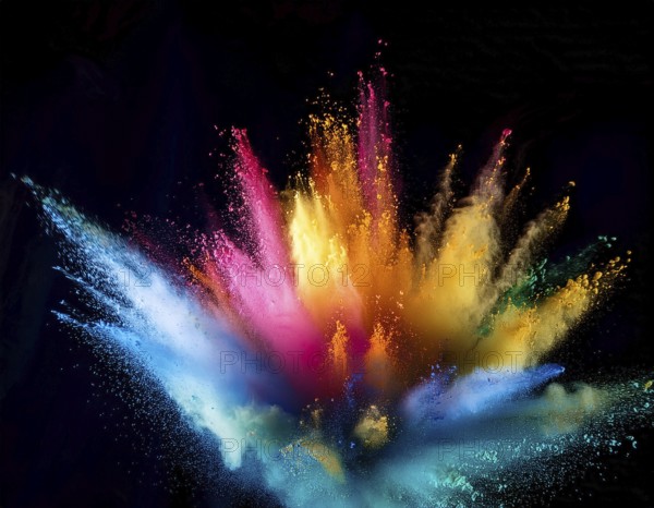 A colorful explosion powder on black background.. Multicolored powder explosion, AI generated