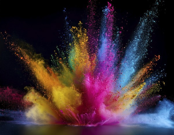 A colorful explosion powder on black background.. Multicolored powder explosion, AI generated