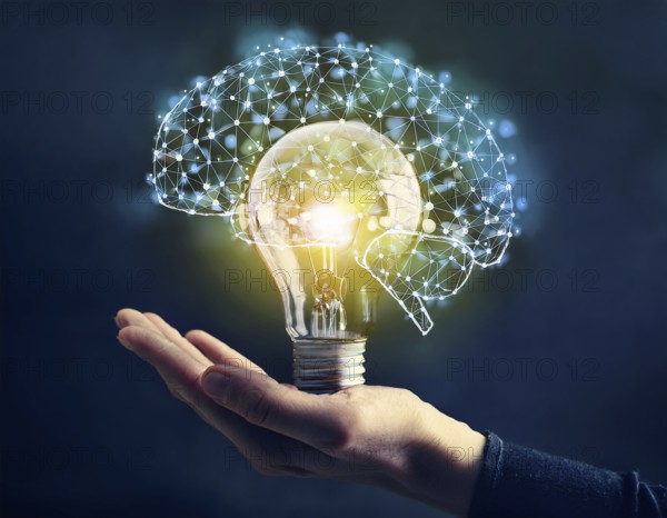 Light bulb with industry network, mind, analysis solution . Creative concept with a light bulb, AI generated