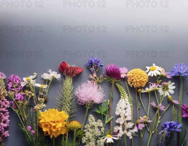 A variety of colorful wildflowers flourish on a hillside against a blurred mountainous backdrop. The flowers reflect vibrancy, serenity, and the beauty of nature in a peaceful outdoor environment, AI generated