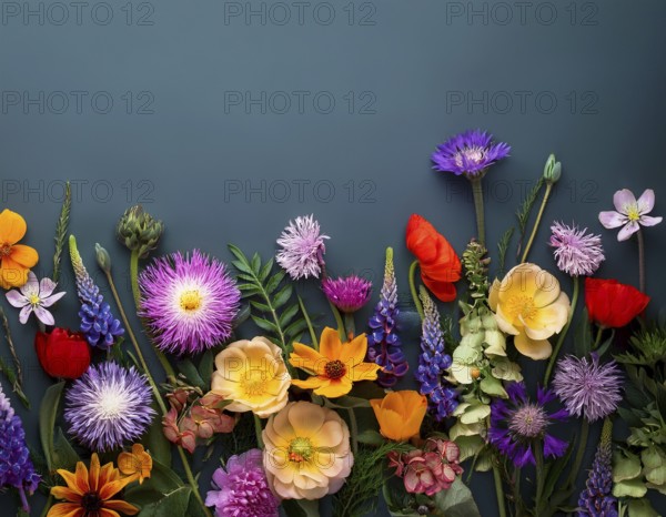A variety of colorful wildflowers flourish on a hillside against a blurred mountainous backdrop. The flowers reflect vibrancy, serenity, and the beauty of nature in a peaceful outdoor environment, AI generated