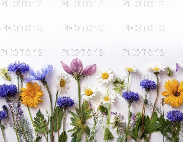 Beautiful arrangement of multiple vibrant wildflowers laid on a clean white surface, perfect for seasonal or botanical themes, reflecting natural beauty and floral diversity, AI generated
