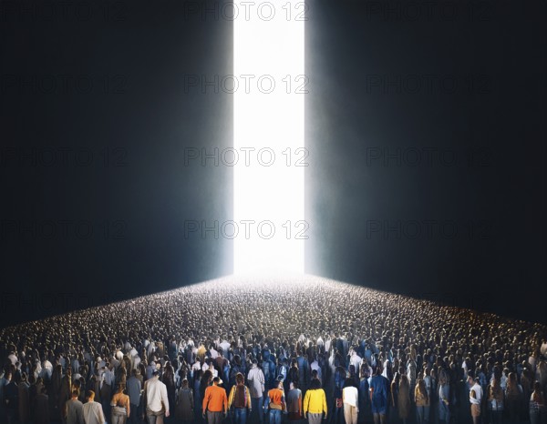 A vast group of people walking towards a glowing light in a symbolic display of hope, unity, and collective aspiration, AI generated