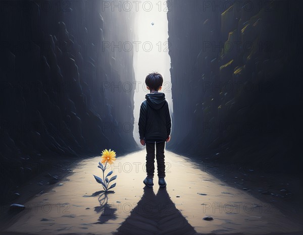 A dark canyon with a child standing near a blooming yellow flower, symbolizing hope in solitude, AI generated