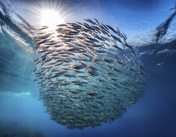 Vivid underwater view of a fish school forming a natural pattern in clear blue ocean water, illuminated by sunlight streaming from above. A peaceful and mesmerizing aquatic scene showcasing marine biodiversity, AI generated