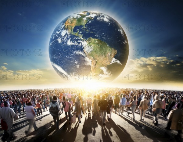 A diverse group of people walk toward a glowing depiction of Earth, symbolizing global unity. The image emphasizes humanity's collective movement towards a shared and brighter future, AI generated