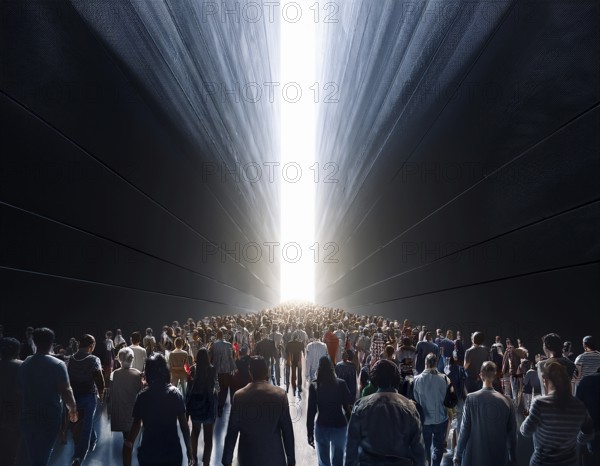 A large group of individuals moving toward a bright, glowing light in a narrowwall passage, demonstrating themes of unity, ambition, and a journey to a hopeful destination, AI generated