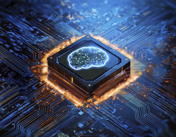 Visual representation of a modern circuit board with a glowing embedded processor, signifying cutting-edge technological advancements and futuristic digital innovation in computer hardware and electronics, AI generated