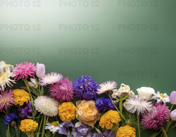 A variety of colorful wildflowers flourish on a hillside against a blurred mountainous backdrop. The flowers reflect vibrancy, serenity, and the beauty of nature in a peaceful outdoor environment, AI generated