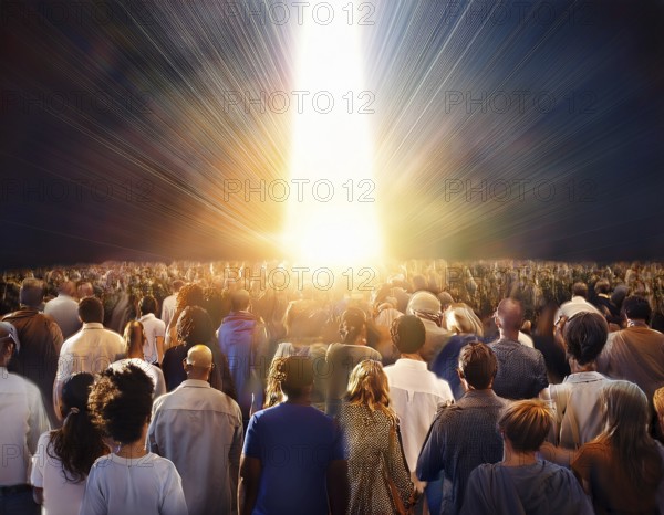 A large group of individuals moving toward a bright, glowing light in a narrowwall passage, demonstrating themes of unity, ambition, and a journey to a hopeful destination, AI generated