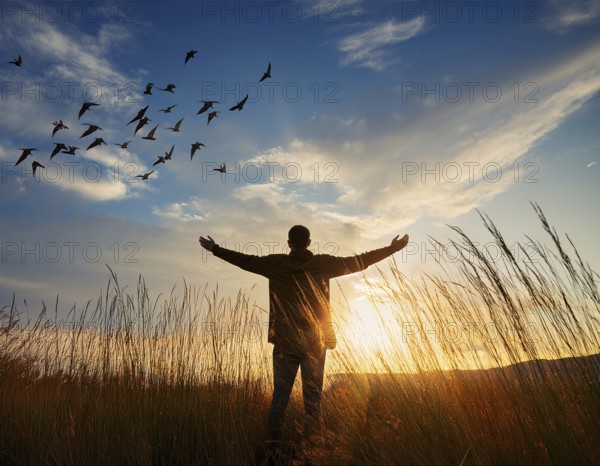 A silhouetted figure standing in a vibrant field, arms wide open, admiring the beauty of the sunset, while birds fly across the colorful sky, capturing a moment of peace and wonder, AI generated