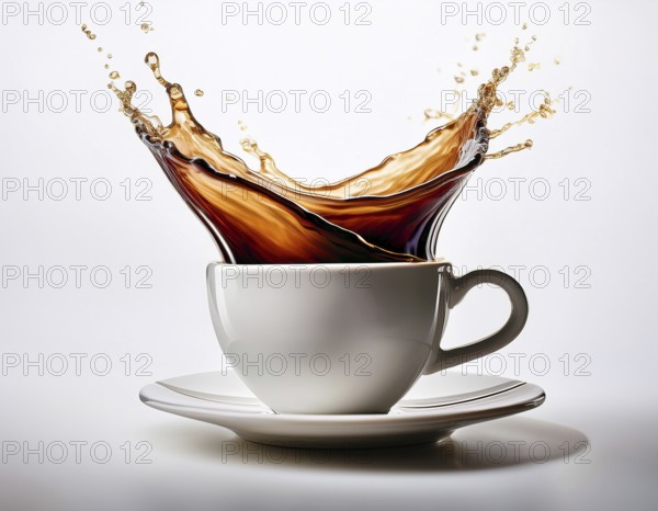 A visually dynamic splash of coffee leaping out of a sleek white cup, embodying energy and motion in a contemporary and artistic style, perfect for conceptual imagery or beverage-themed designs, AI generated